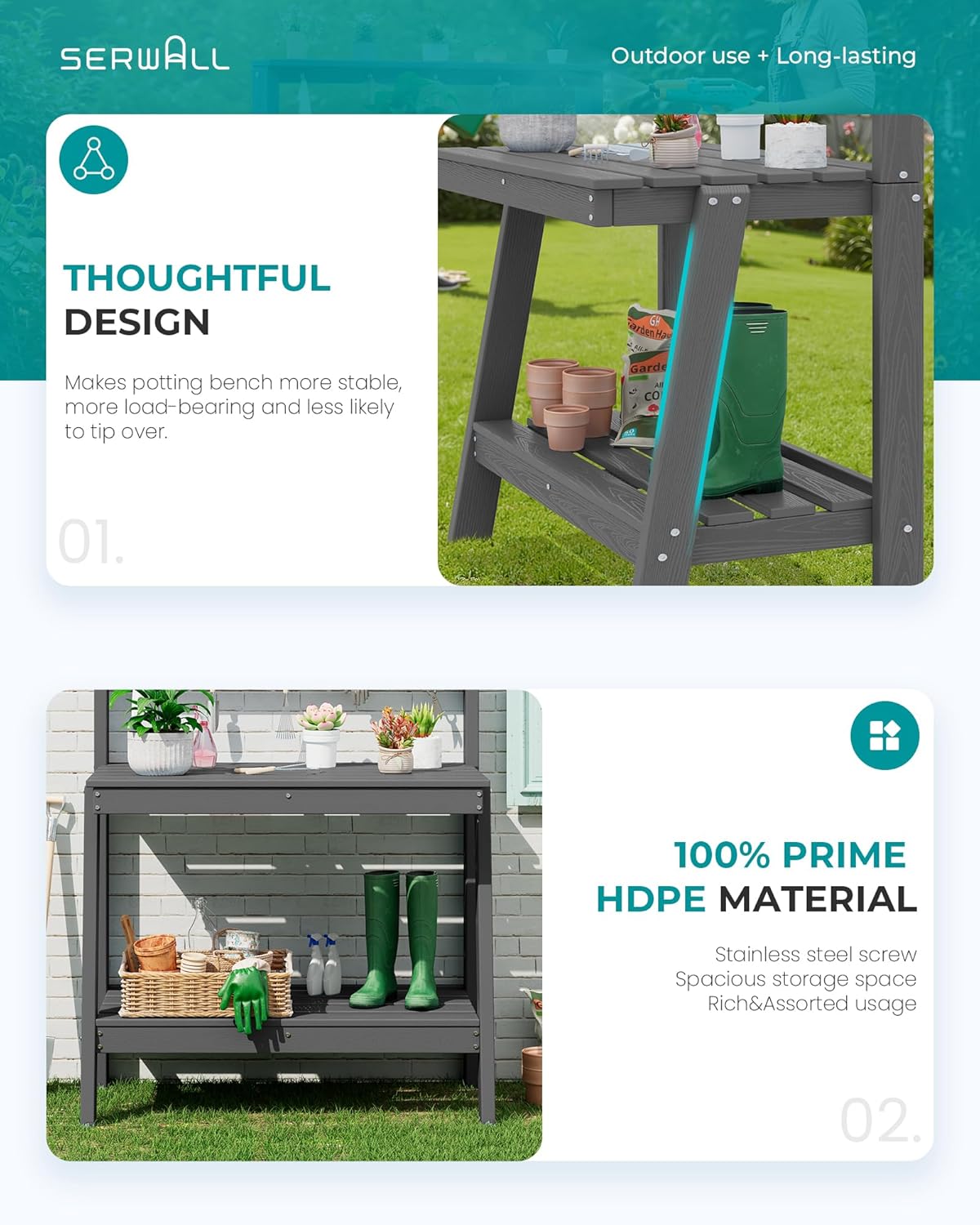 SERWALL Potting Bench Outdoor with Storage Set of 2, 3-Tier HDPE Gardening Table with Angled Legs & Tool Hooks, All-Weather Heavy Duty Potting Table for Patio, Backyard, Garden, Gray