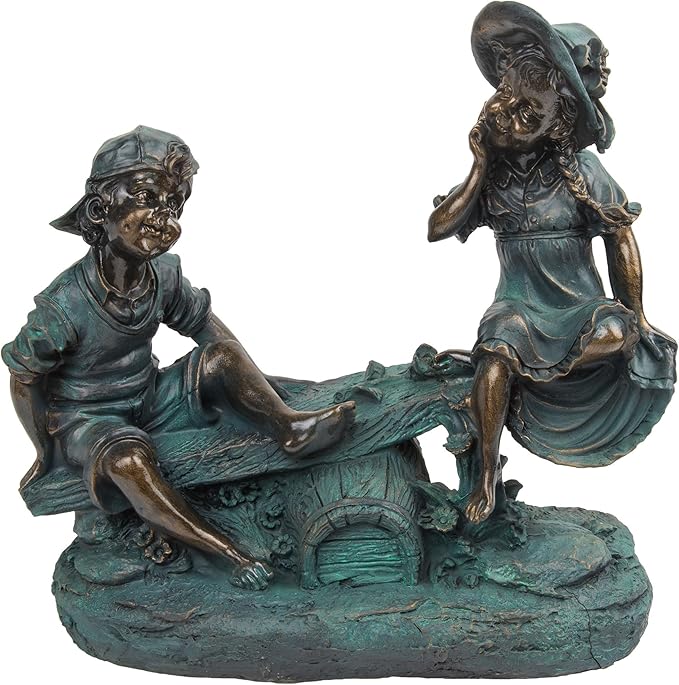 Alpine Corporation 14" Tall Indoor/Outdoor Girl and Boy Playing on Teeter Totter Statue Yard Art Decoration