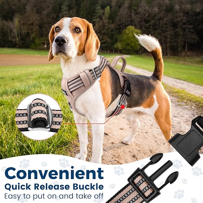 Funfox Dog Harness No Pull, Adjustable Pet Vest Harness, Super Soft Material with Vertical Handle Easy Control, Reflective Night Walking, 2 Leash Clips for Large Dogs, Brown, L