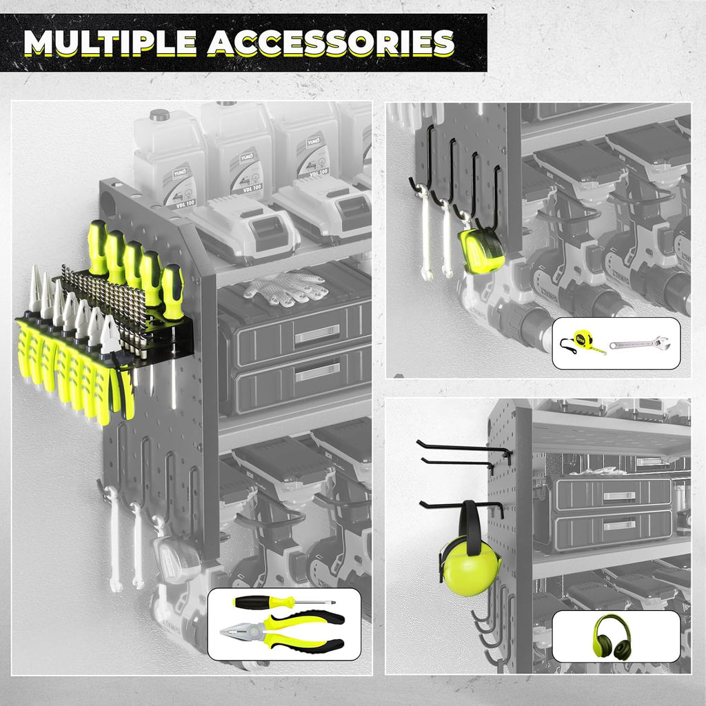 KAFAHOM Power Tool Organizer with Charging Station, Built in 8 Outlet Power Strip,Large 8 Drill Holder Wall Mount, Heavy Duty Metal Power Tool Storage Rack Tool Shelf for Garage Organization