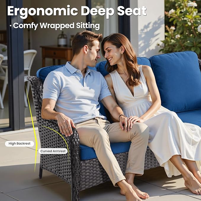 ovios 6 Pieces Patio Furniture Set with 30" Fire Pit Table, Outdoor Wicker Sofa with Ottomans, Comfy Cushions, High Back Couch Conversation Set, Brown Rattan, Navy Blue