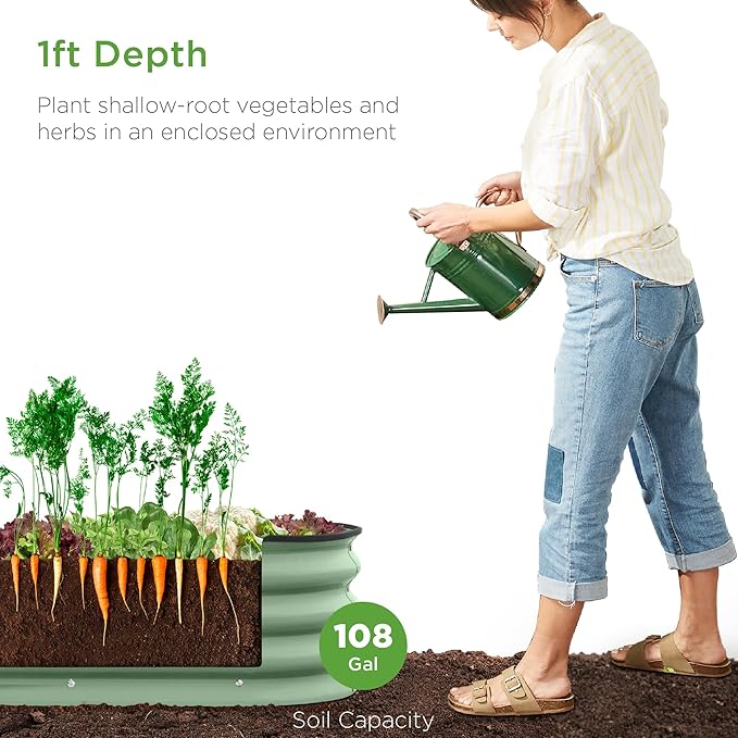 Best Choice Products 8x2x1ft Outdoor Metal Raised Garden Bed, Oval Deep Root Planter Box for Vegetables, Flowers, Herbs, and Succulents w/ 108 Gallon Capacity - Sage Green