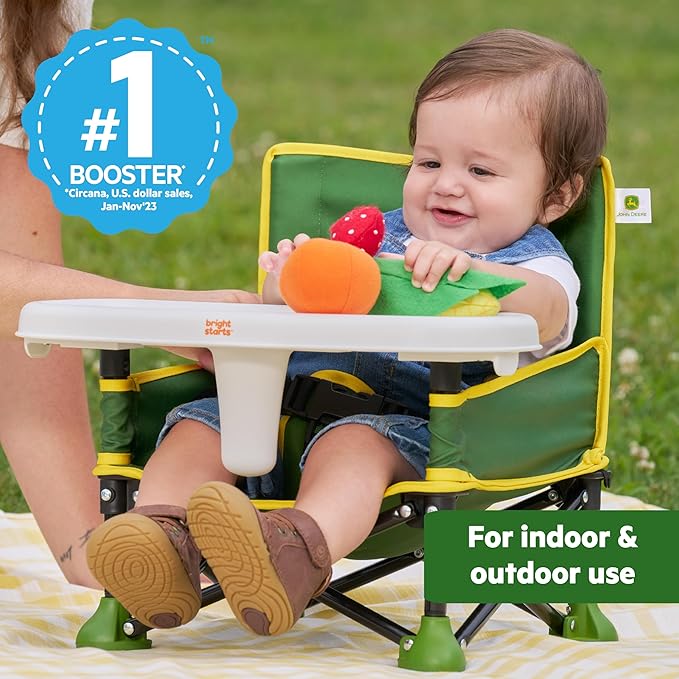 Bright Starts John Deere Pop 'N Sit Portable Booster Chair, Floor Seat, Indoor/Outdoor Use, Compact Fold, Green and Yellow, 6 Mos - 3 Yrs