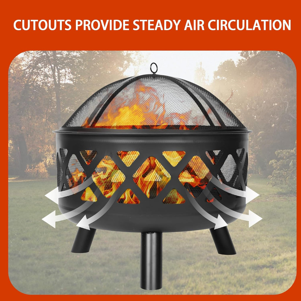 Red Mountain Valley 24'' Outdoor Wood Burning Fire Pit with Spark Screen, Fire Poker, Cover, 2-in-1 Functionality Cross-Woven Steel Fire Pits for Outside, Outdoor Fireplace for Camping,Patio,Backyard