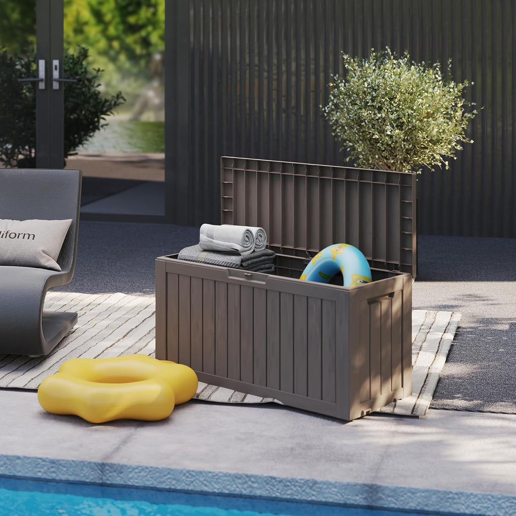 80 Gallon Coffee Resin Deck Box - Rustic Outdoor Storage for Garden Tools, Patio Essentials & Package Delivery - Weatherproof, Lockable for Farmhouse Decks