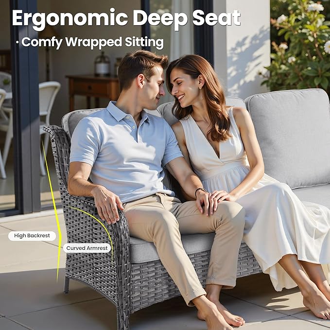 ovios 6 Pieces Patio Furniture Set, Outdoor Wicker Sofas with Glass Coffee Table and Comfy Cushions, All Weather High Back Couch Set for Deck Porch, Grey Rattan, Grey