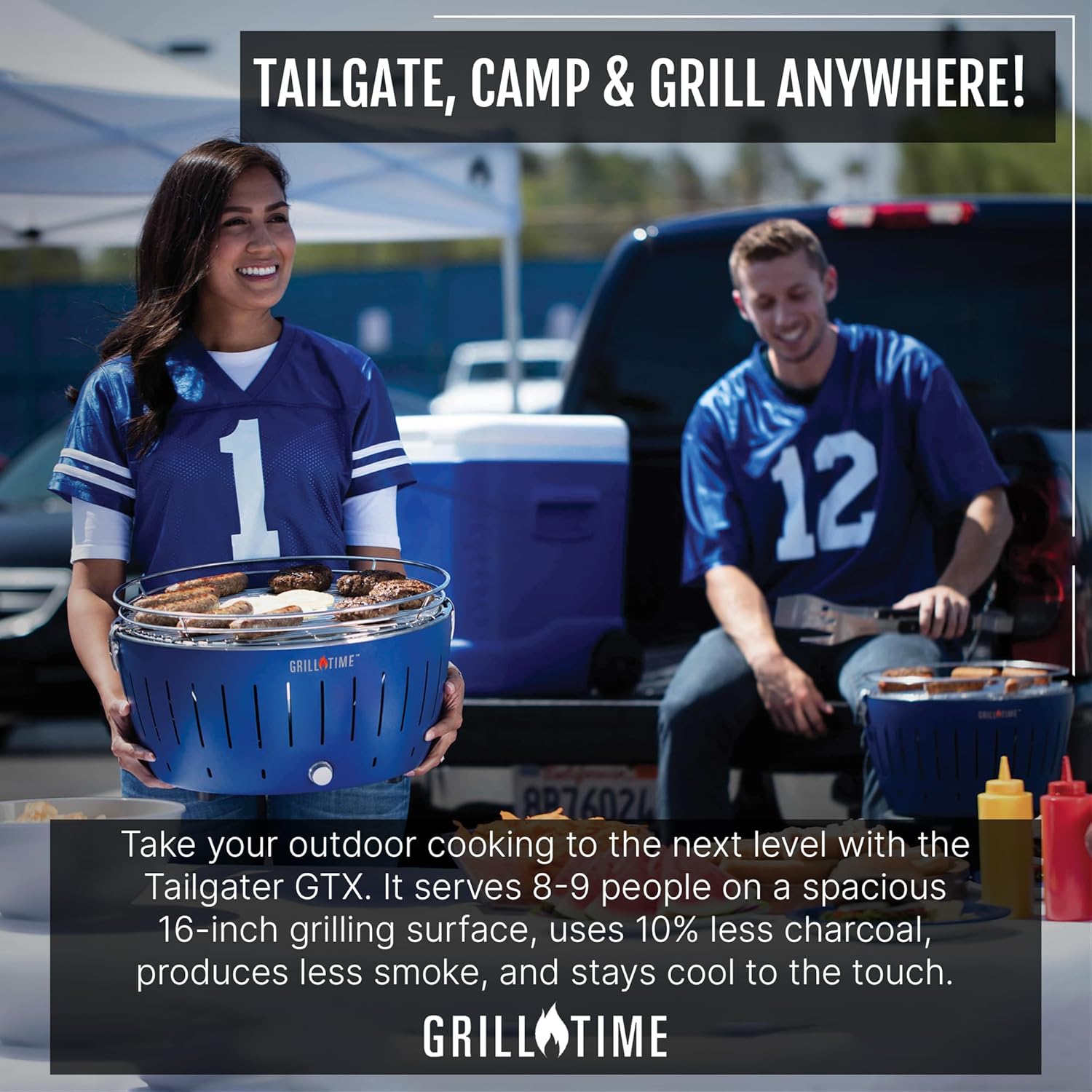 GrillTime Tailgater GTX Portable Charcoal Grill 16 Inch - Smokeless Tabletop Grill for Camping, Tailgate Parties, Beach BBQ, Travel - Blue