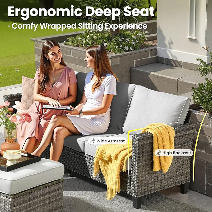 ovios 6 Pieces Patio Furniture Set with 42" Fire Pit Table, Outdoor Wicker Sofa with Comfy Cushions, All Weather High Back Rattan Couch Conversation Set, Grey