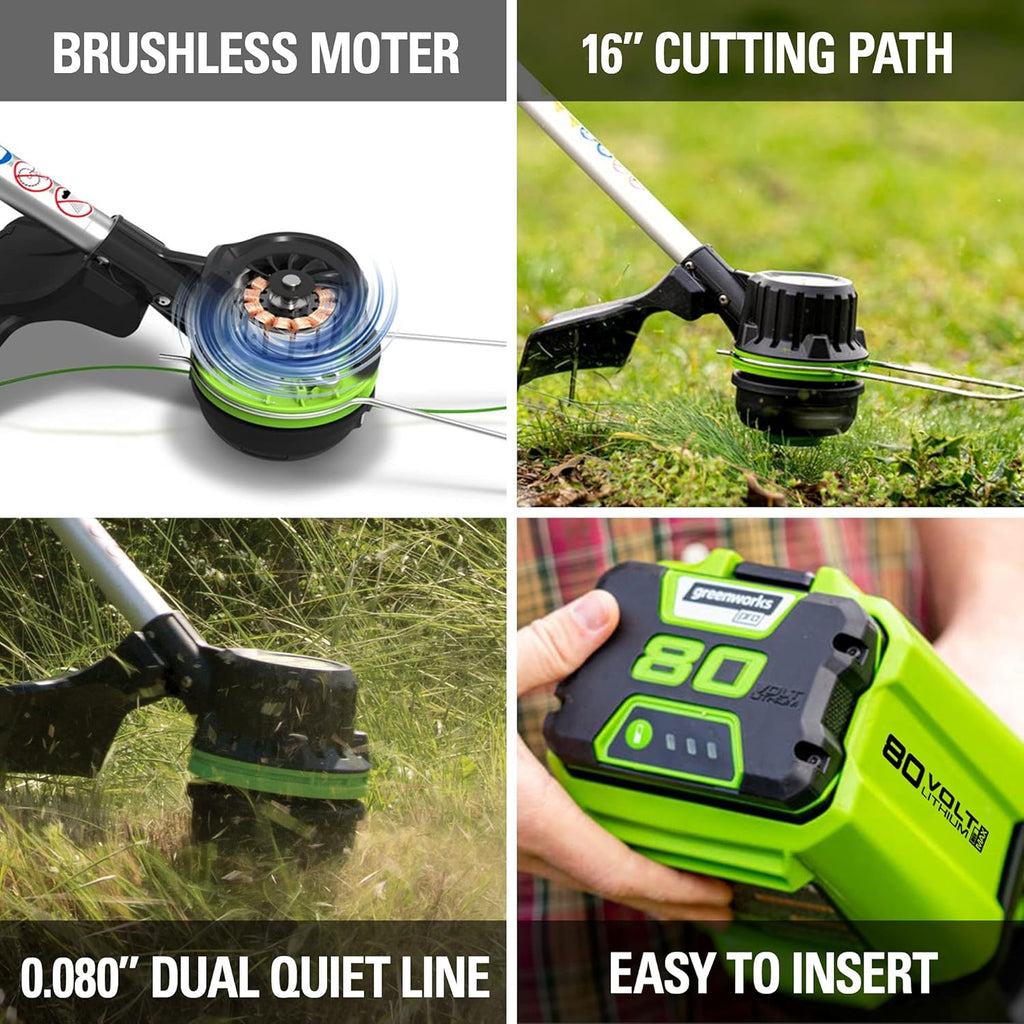 Greenworks 80V 16 inch Brushless String Trimmer, 2.0Ah Battery & Rapid Charger Included, ST80L210