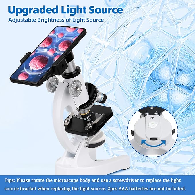 Microscope for Kids Beginner, 40X-2000X Biological Compound Microscope Kit with Adjustable Brightness LED, Slides for School Lab Home Education, Gifts for Children Students Ages 6+