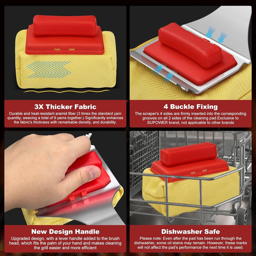 Steam Safe Grill Cleaning Brush Bristle Free and Scraper for Outdoor Grill with 15" Extended Handle, 3X Thick Aramid Fabric Replaceable Brush Heads, Triple-Groove Scraper Design for All Grates, Red