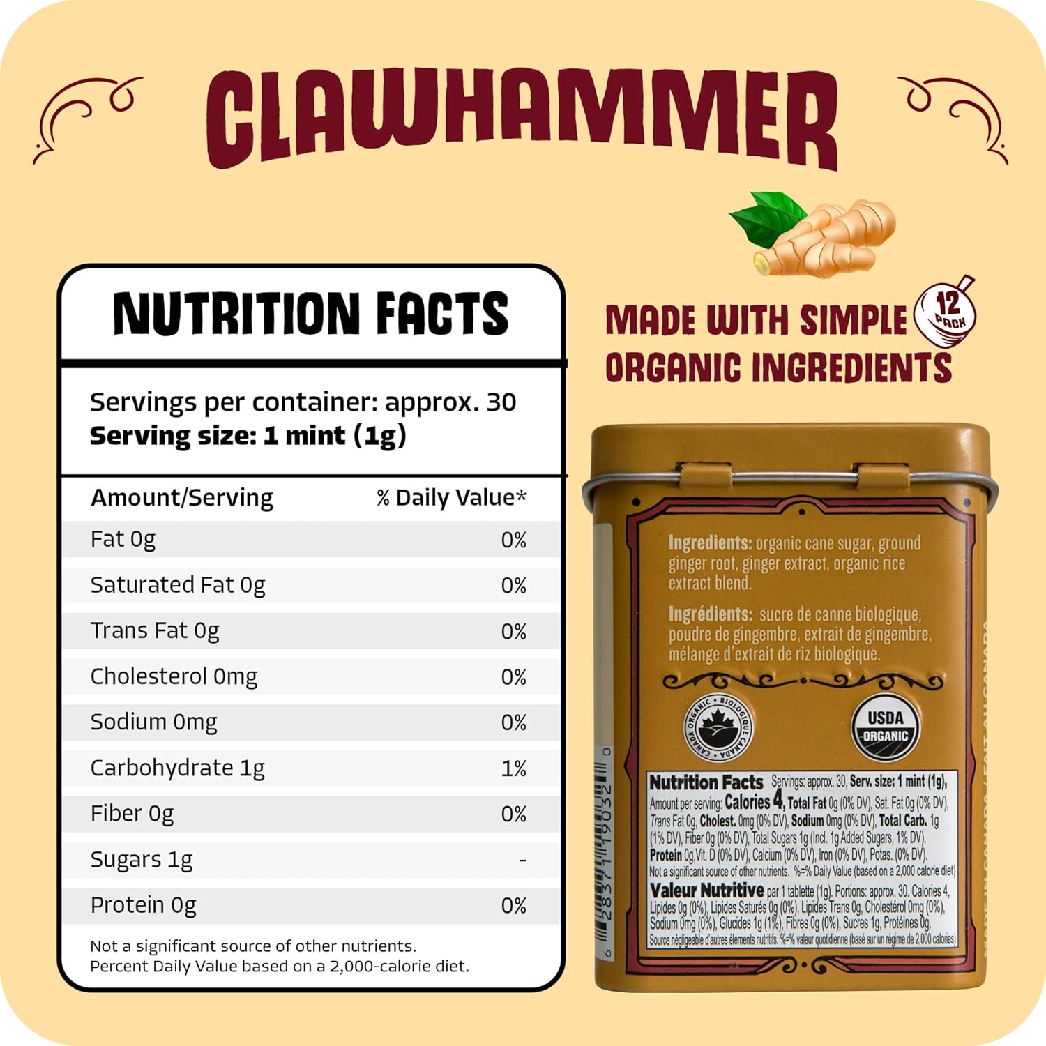 Clawhammer Ginger Root Mints, Case of 12 (1.07 oz Each)