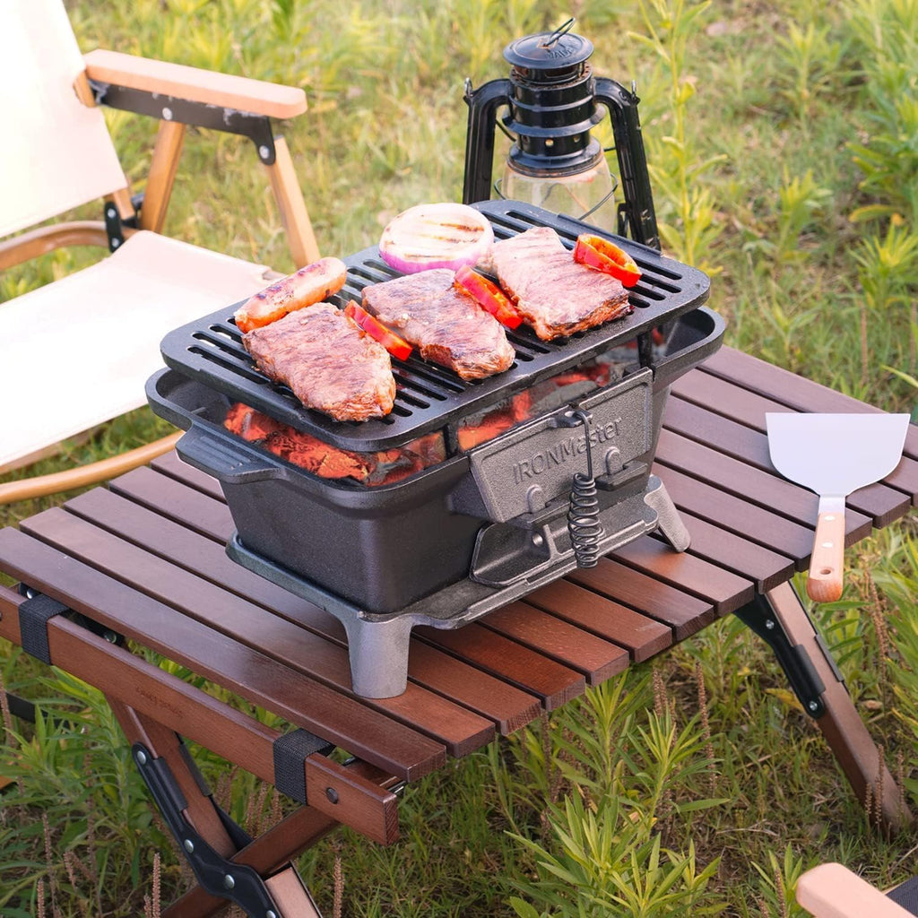 IronMaster Hibachi Grill Outdoor, Small Portable Charcoal Grill, 100% Pre-Seasoned Cast Iron, Japanese Yakitori Camping Grill - 2 Heights, Air Control, Coal Door + Carrying case