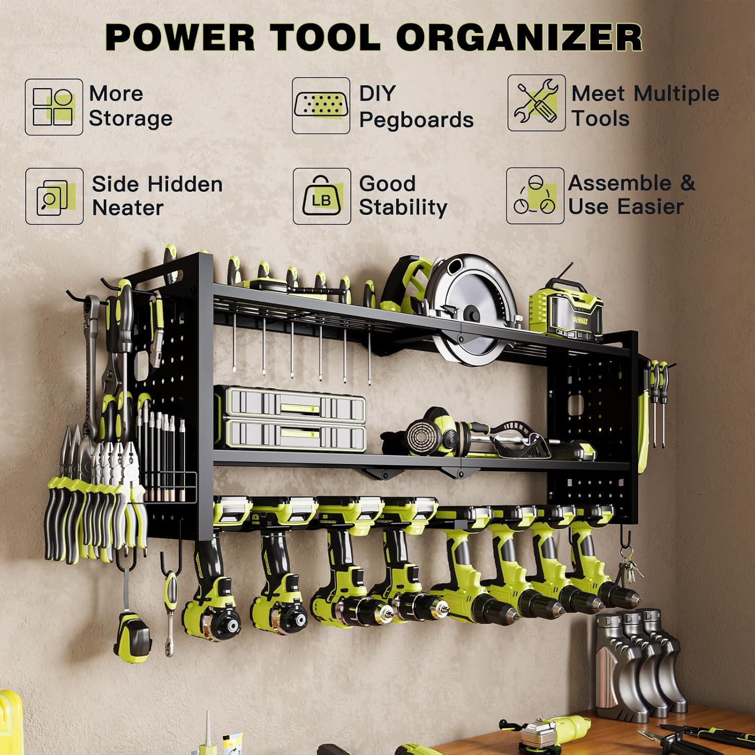 Power Tool Organizer Wall Mount,Cordless Drill Hanger Storage Rack 8 Drill Holder,3 Layers Heavy Duty Power Tool Storage Rack (Black)