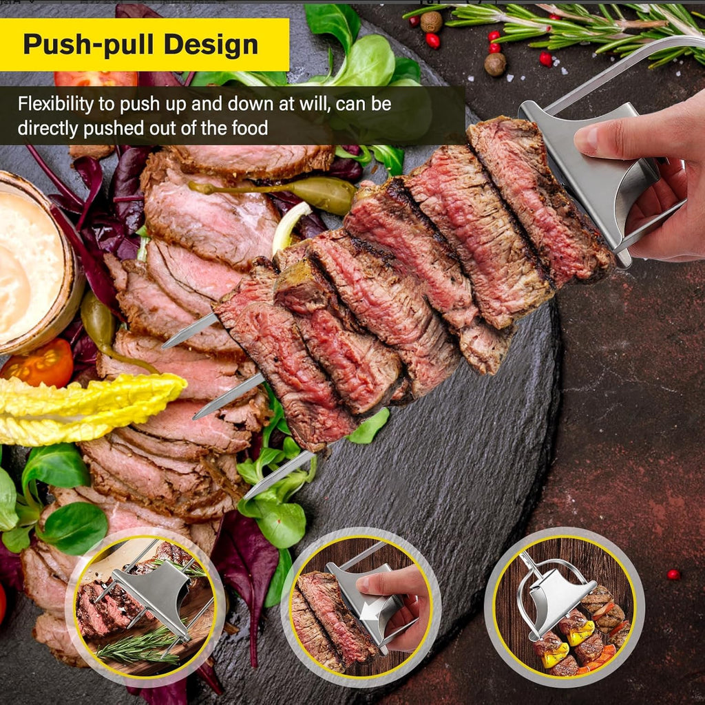 6PCS Kabob Skewers for Grilling, 14'' Stainless Steel 3-prong Metal Kebab Grill Skewers with Push Bar Slider, Skewer Sticks for Meat Veggies Shrimp Marshmallows Fruits, BBQ Barbecue Accessories