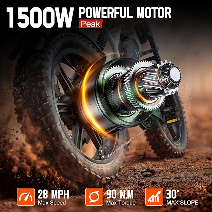 TST Electric Bike for Adults 1500W Peak 20" Fat Tire All-Terrain E-Bike 60/110 Miles 28MPH Electric Dirt Bike for Road Sand Mountain Snow - 48V 15/25AH Battery Powered Electric Motorcycle