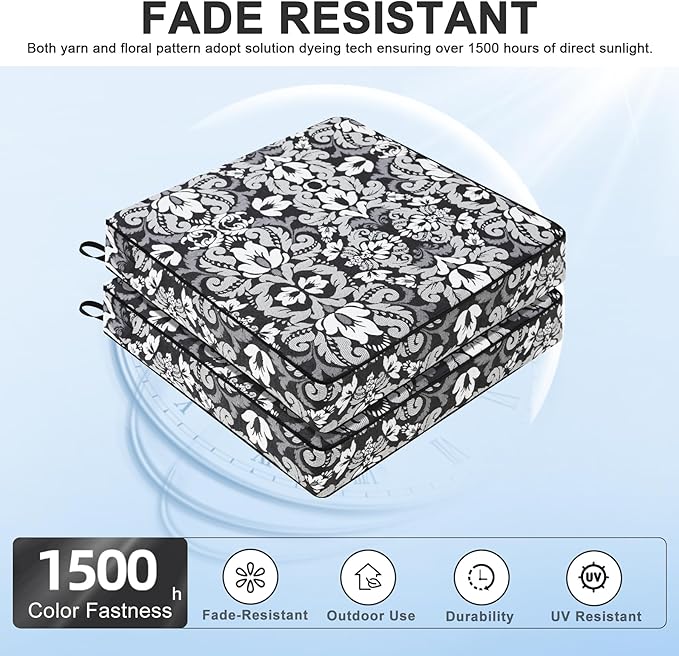 Favoyard Outdoor Chair Cushion 22 x 22 x 3 In Waterproof Pattern Fade Resistant Cushions for Patio Furniture with Removable Cover Attach Straps 28D Foam Insert Cushions Pads for Seat Sofa Couch 2 Pack