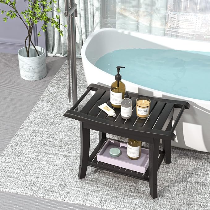 Zhuoyue Bamboo Shower Stool Bench Waterproof with Storage Shelf for Shaving Legs or Spa Bath Seat in Bathroom & Inside Shower for Adults Seniors Elderly (24 x 13.4 x 18.5 inches+Black)