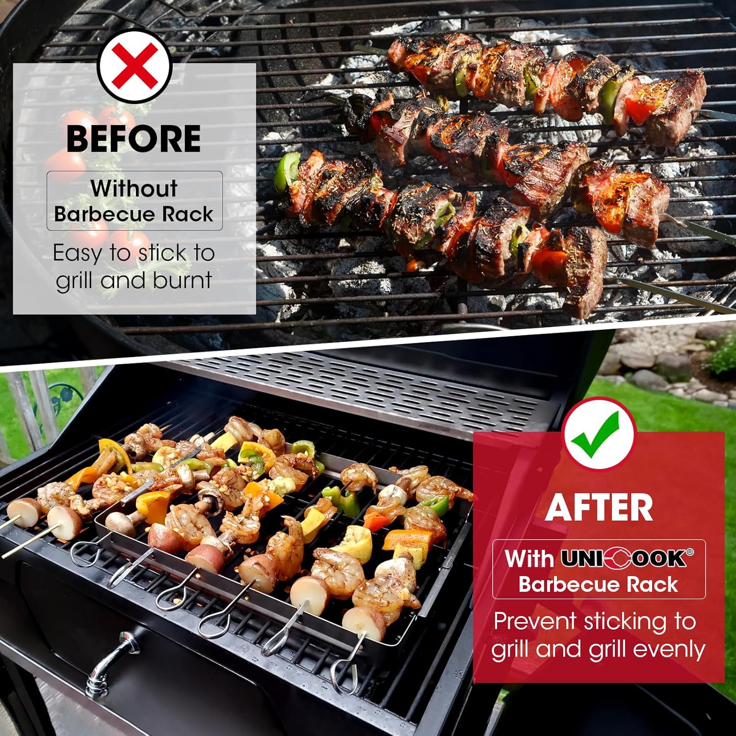 Unicook Stainless Steel BBQ Shish Kabob Set, Foldable Shish Kabob Holder with 6pcs 13"L Skewers, Reusable Grill Rack, Comes with 30pcs 12.5"L Bamboo Skewers for Party and Cookout
