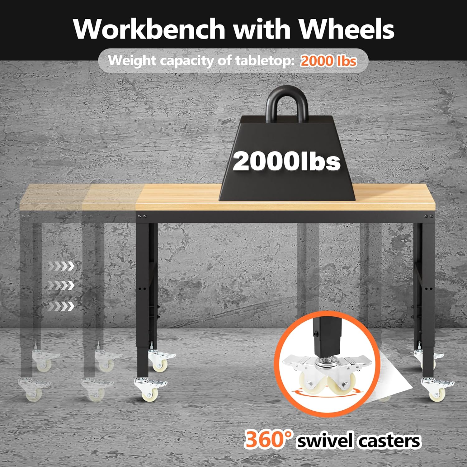 48” Adjustable Workbench，Heavy Duty Wood Work Bench 2000 Lbs Load Capacity,Work Table with Power Outlet and Wheels for Garage, Workshop, Office, Home