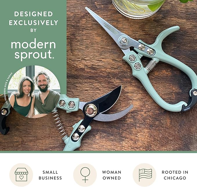 Modern Sprout Hand Pruners & Shears Set - Lightweight Gardening Tools W/Easy Lock - Sharp Carbon Steel Blades -Rust Resistant Scissors for Herbs, Flowers - Reusable Holster - Chartreuse