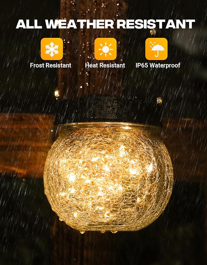Solar Lanterns Solar Lights Outdoor Waterproof 6-Pack, Solar Powered Hanging Lights Cracked Glass Hanging Globes for Christmas Decoration, Shepherd Hook, Garden Tree Ornaments