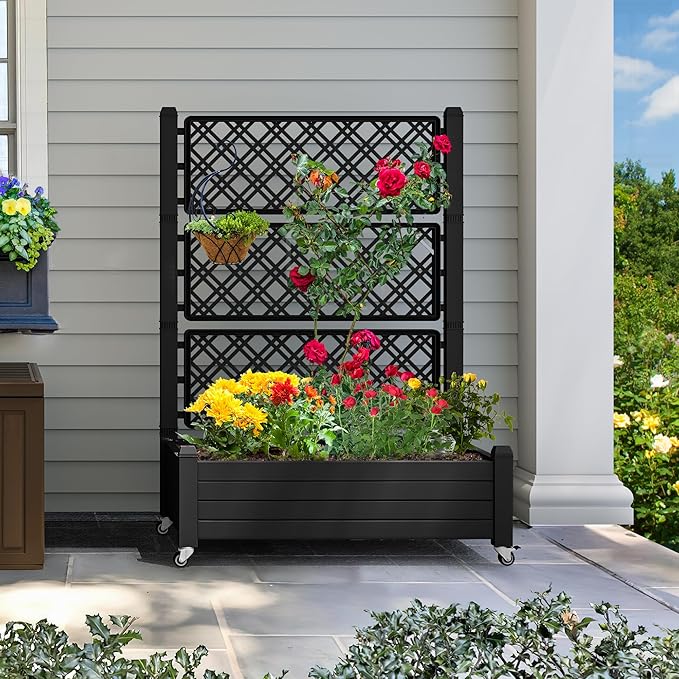 YITAHOME 3.6x1.5x5 FT Planter Box Trellis with Wheels, Large Outdoor Plastic Raised Garden Bed with Drain Plug for Climbing Plants, Black