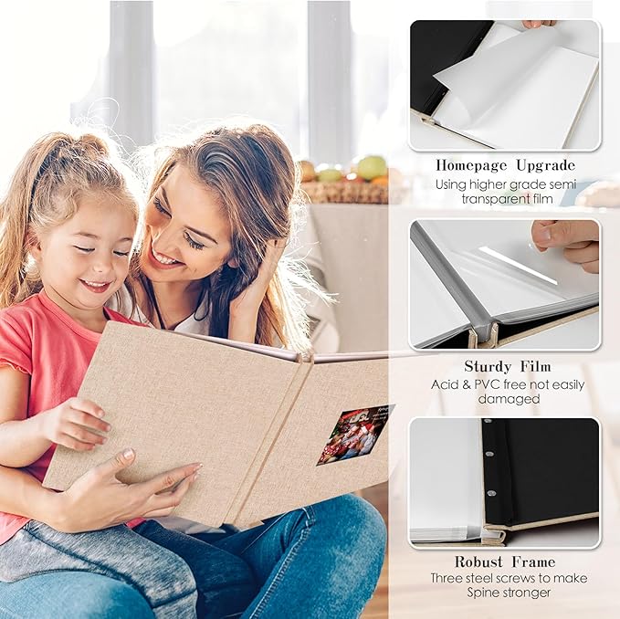 Spbapr Large Photo Album Self Adhesive 4x6 5x7 8x10 10x12 Pictures Magnetic Scrapbook 40 Blank Pages Linen Cover DIY Album with A Metal Pen Khaki