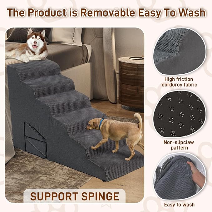 Dog Stairs & Steps Ramps for High Beds 30 inches High Tall, LitaiL 6 Step Pet Stairs Steps for Small Large Dogs, Non-Slip Dog Ramps with 3 Pack Ramps for Staircase