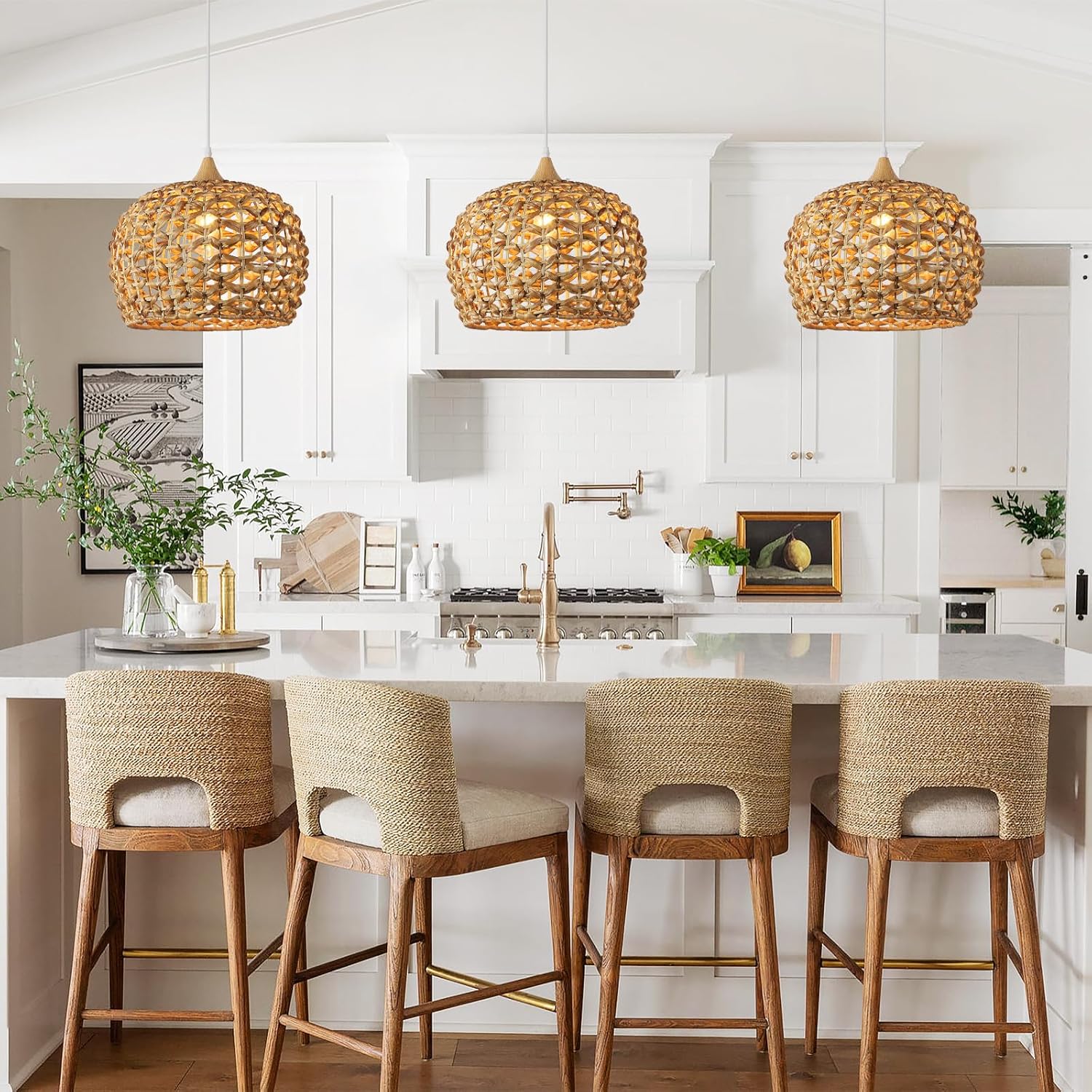 Boho Pendant Lights, 15.7" 1-Light Rattan Chandelier Hand-Woven Wicker Pendant Light with Water Hyacinth Shade, Coastal Dome Hanging Light for Dining Room Kitchen Island