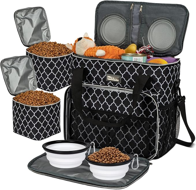 BAGLHER Dog Travel Bag, Pet Travel Bag (ALL Pet Travel Supplies), With 2 Pet Food Containers and 2 Collapsible Silicone Bowls; Essential Kits for Pet Travel DLblack