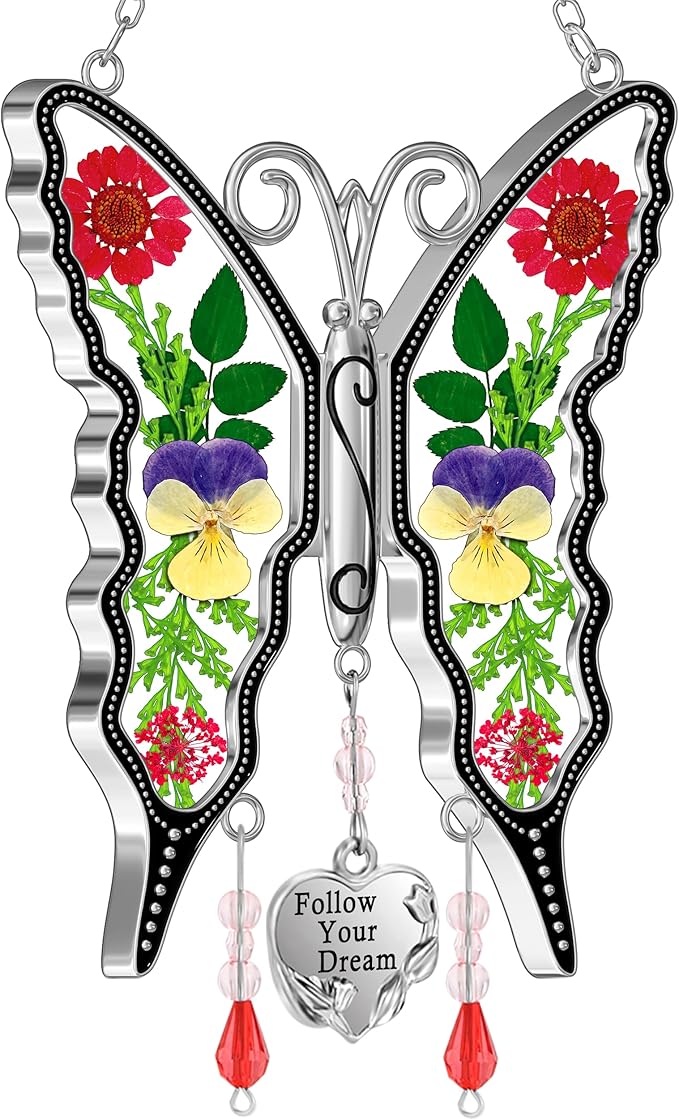 KY&BOSAM Butterfly Suncatcher Follow Your Dream Gifts for Mother Pressed Flower Between Wings Glass Hanging for Windows Charm Birthday Gifts for Women Mother's Day Valentine's Thanksgiving Christmas