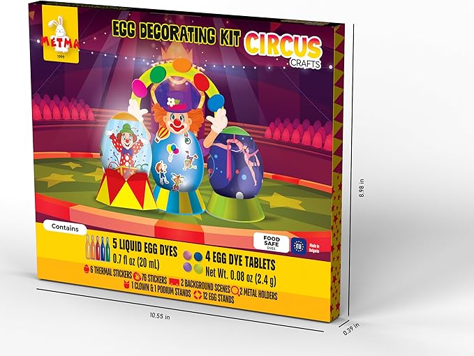 METMA 1999 Egg Decorating Kit Circus Crafts - Complete Decorative Eggs Set with Liquid Dyes, Tablets, Stickers, Egg Spinner and More - Fun Easter Egg Dye Kit Arts and Crafts for Kids (Circus Crafts)
