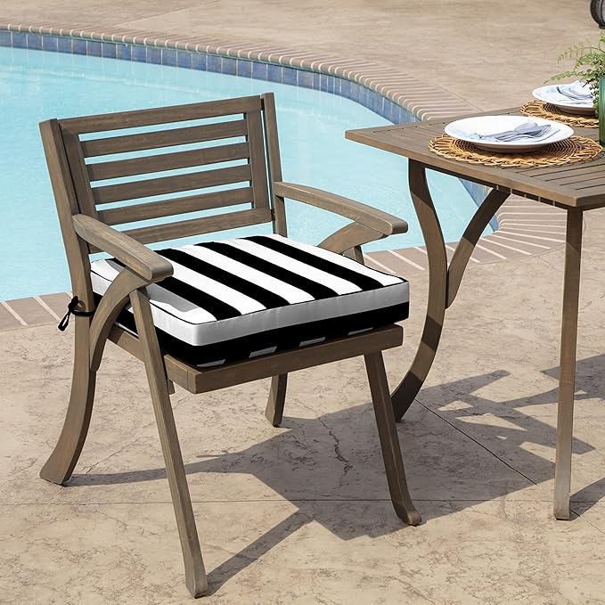 Arden Selections Outdoor Wicker Chair Cushion, 20 x 18, Rain-Proof, Fade Resistant 21 x 21, Black Cabana Stripe (Pack of 4)