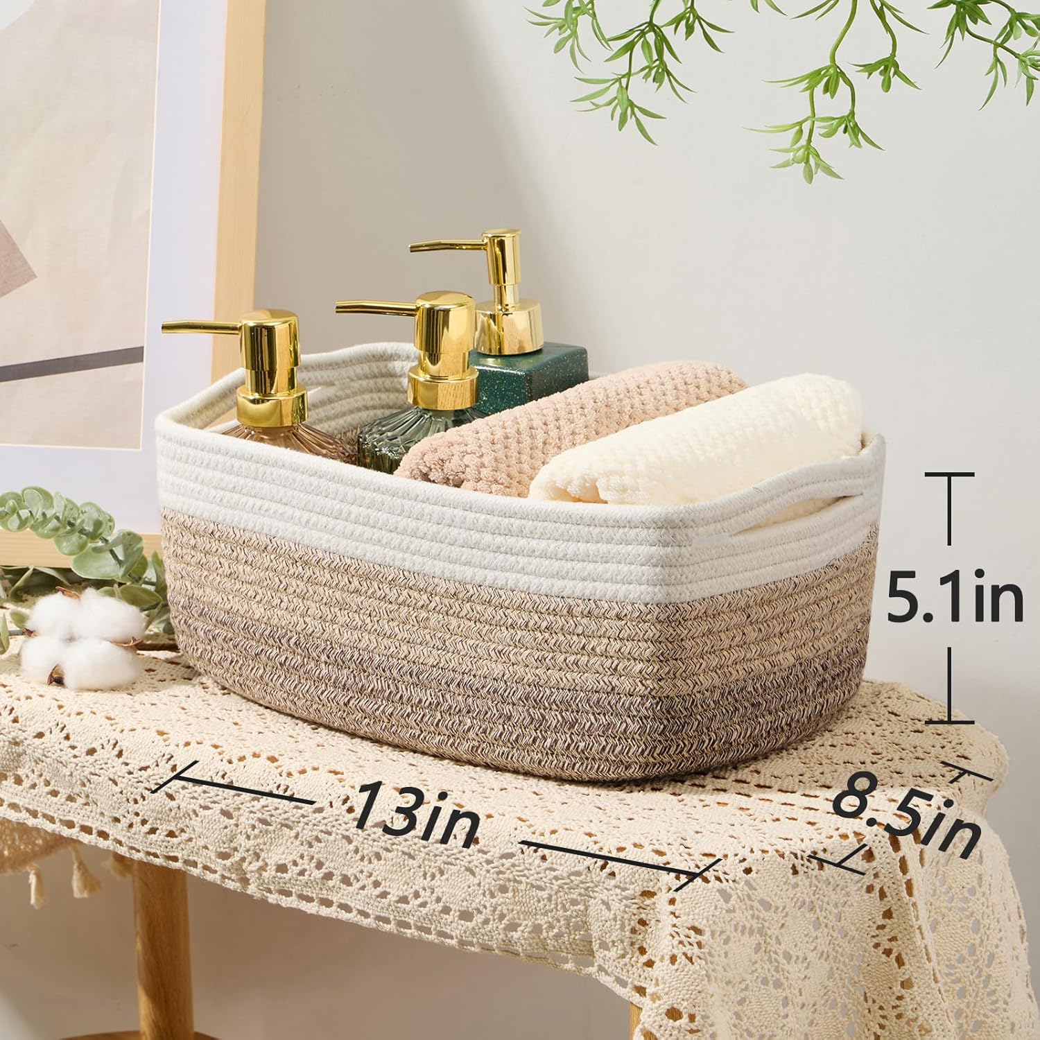 Small Storage Baskets for Organizing | Closet Organizer Bins | Shelf Toy Basket | Woven Rope Baskets | Cube Decorative Box | Shallow Basket | 13x8.5x5.1” | 3 Packs Gradient Brown