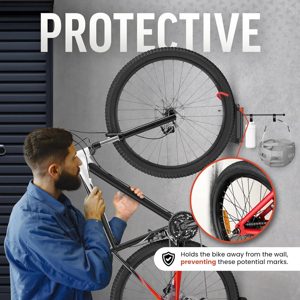 STELLARMOUNTS Bike Wall Mount - Wheel Hook Bracket - Industrial Class Bikcycle Rack Holds Up to 77 lbs - Secure Bike Storage Can be Mounted on Indoor/Outdoor Walls, Black/Red
