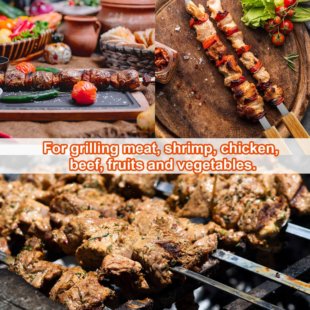 SHIKORI Kabob Skewers,BBQ Barbecue Skewers,Stainless Steel Sticks,23 Inch Heavy Duty Large Wide Reusable,with Nonslip Wooden-12 Pcs