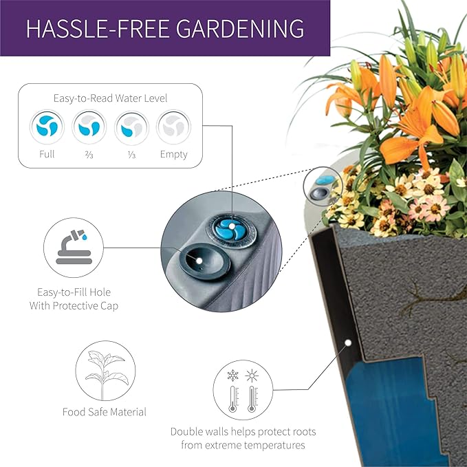 Crescent Garden Dot TruDrop Indoor/Outdoor Planter, Self-Watering Plant Pot, 26 Inches, (Caviar Black)