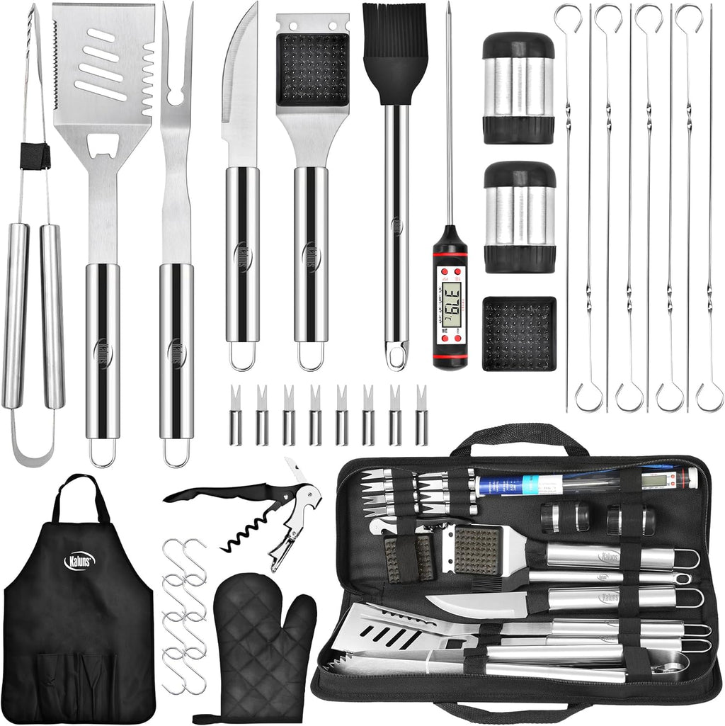 Kaluns Grilling Accessories, Dad Gifts for Christmas Grilling Gifts, Heavy Duty Stainless Steel Grill Set BBQ Grill Accessories for Outdoor Grill with Meat Thermometer, Case and Apron