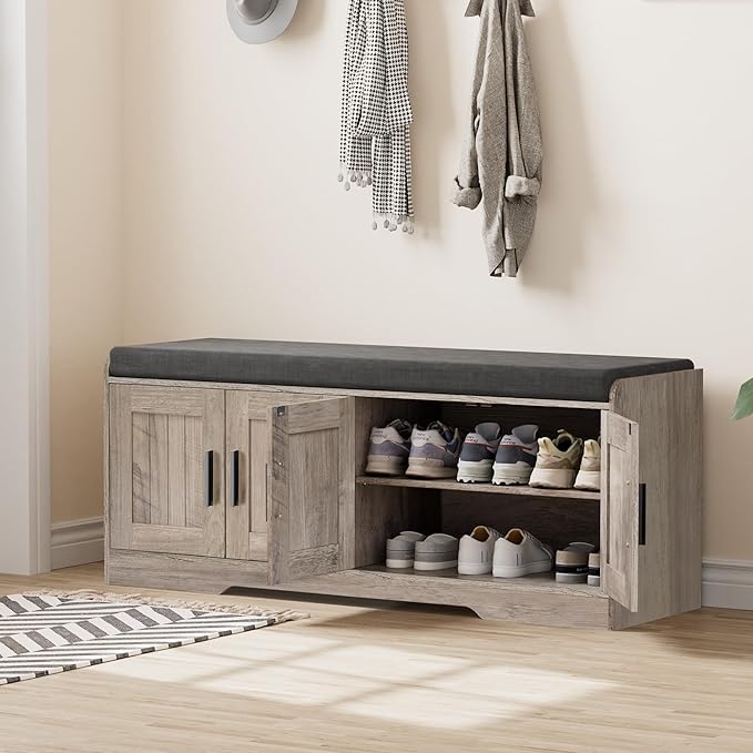2-Tier Storage Bench, Shoe Bench with Thickened Padded Seat Cushion, Entryway Bench with 4 Doors, Adjustable Shelf, 13.8" D x 45.3" W x 18.5" H, for Entryway, Living Room, Bedroom, Greige