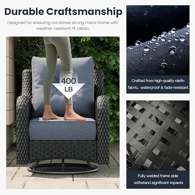 7 Pieces Outdoor Patio Furniture Sets with Rocking Swivel Chairs with 6-inch Thick Cushion and Fire Pit Table for Deck Lawn
