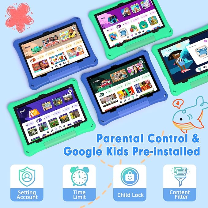 Kids Tablet, 10.1 Inch Android 15 Tablet for Kids, 12GB+64GB, Octa-Core, 6000mAh Battery, WiFi 6, Pre-Installed Kids Apps, Parental Control, ABCmouse for 30-Days Free, with EVA Protective Case (Green)