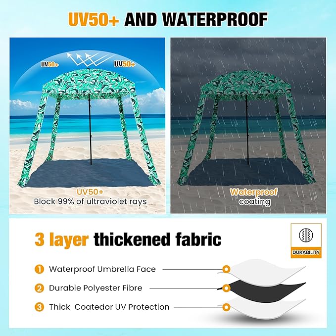 HOMEDEMO Beach Canopy UPF 50+, 6'×6', Easy Set up and Take Down Tent with Sand Pockets, Side Wall Shade Wind Waterproof for Kids, Family & Friends