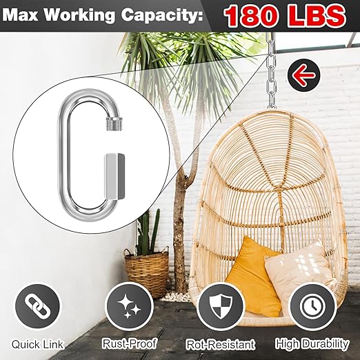 M3.5-30 Pack 1.46” Quick Links Chain Connectors, 1/8″ Galvanized Chain Locking Carabiners Hooks, 180LBS Heavy Duty Thread Quick Link Clips, Twist Oval Keychain D Shape for Swing, Camping