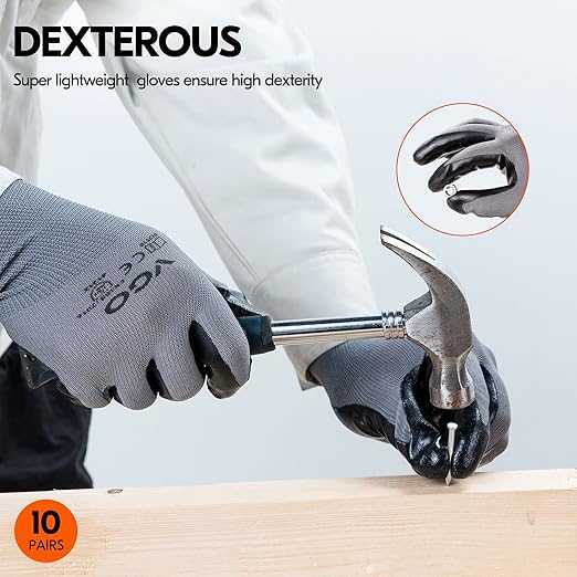 Vgo... 10-Pairs Safety Work Gloves, Gardening Gloves, Non-slip Nitrile coating, Dipping Gloves (Size XL, Gray, NT2110)