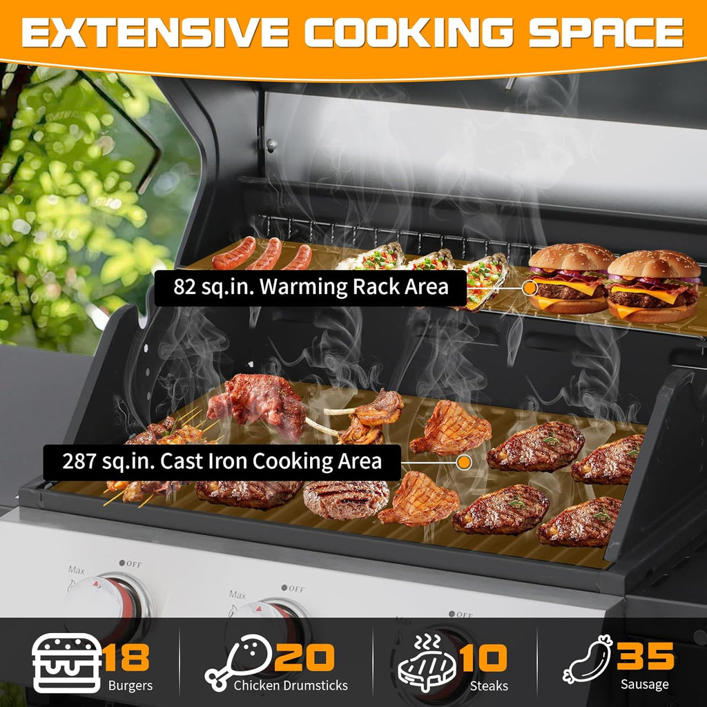CIG GARDEN 3-Burner Propane Gas Grill,Outdoor Barbecue Grill with 2 Foldable Side Tables,Double-layer Stainless Steel Grill Lid with Cast Iron Grates,31500 BTU Output Perfect for Camping,BBQ Grill