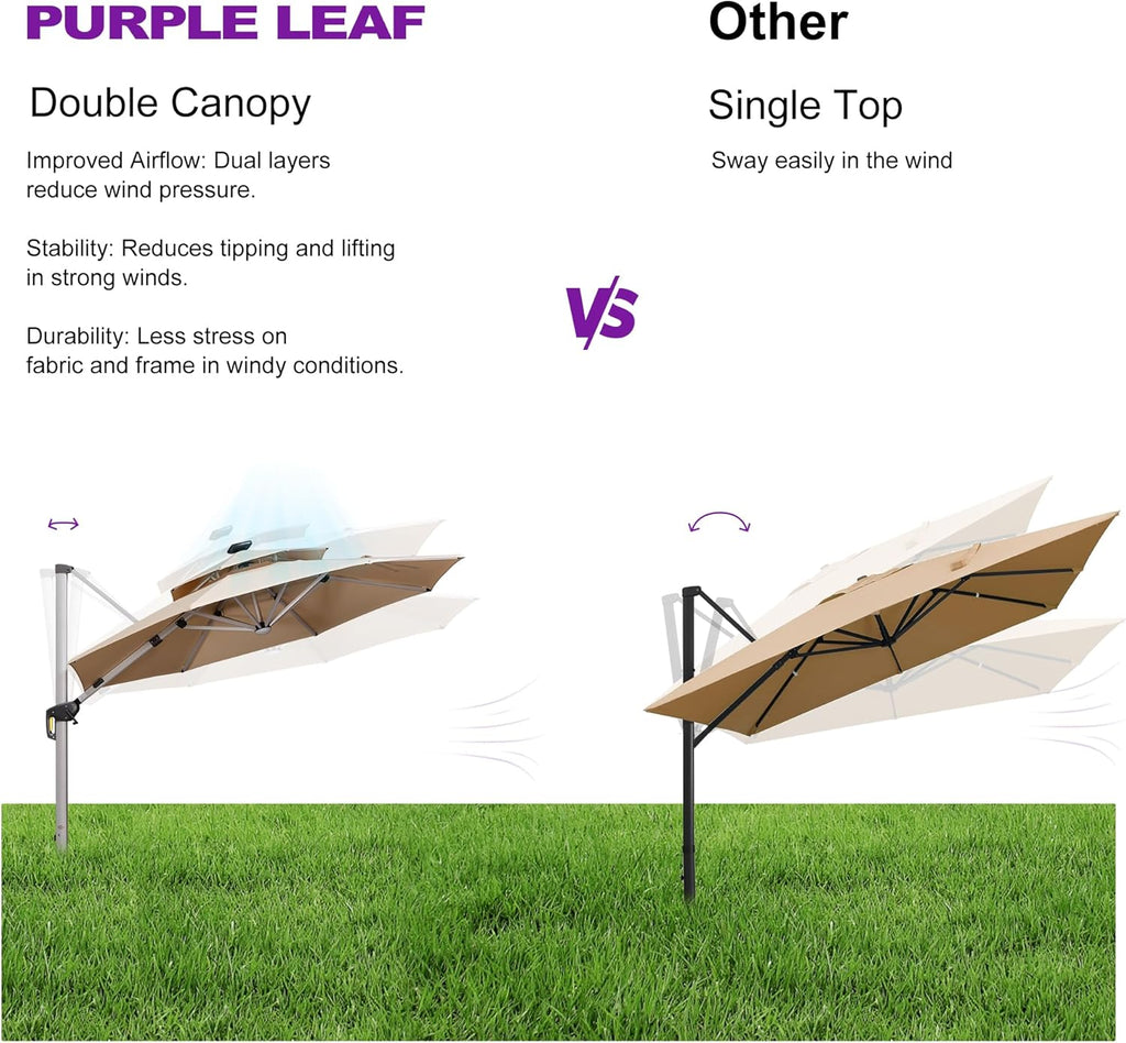 PURPLE LEAF 11ft Solar powered LED Patio Umbrella Outdoor Round Umbrellas Large Cantilever Umbrella with LED lights Windproof Offset Umbrellas Heavy Duty for Garden Deck Pool Patio, Beige