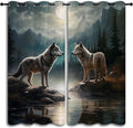 Wolf Blackout Curtains for Boys Girl Bedroom Decor,Moon Mountain Pine Forest Wild Animals Thermal Insulated Grommet Drapes Darkening Window Curtain for Living Room Home 55x63 inch