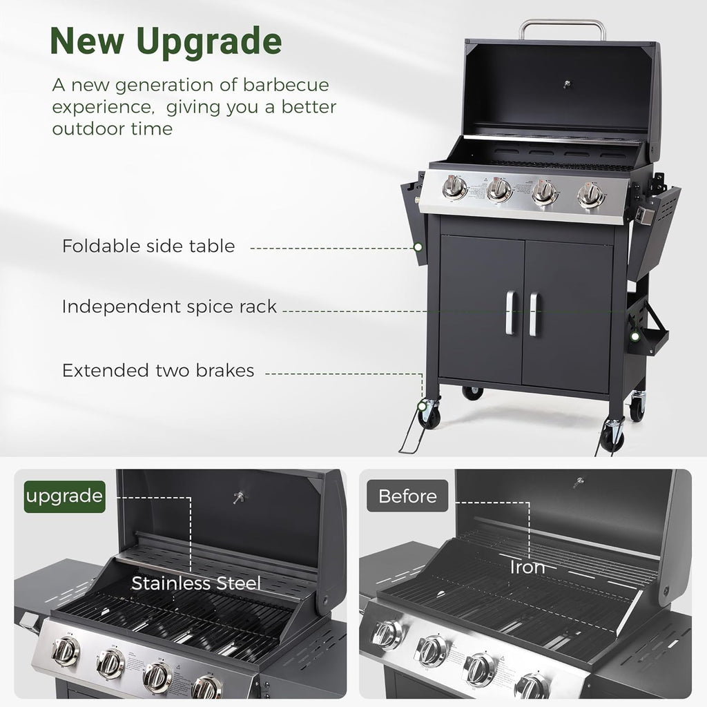 4-Burner Propane Gas BBQ Grill with Wheels, 40,000 BTU Output Stainless Steel Barbecue Grill for Backyard & Outdoor Cooking Easy Assembly, Foldable Side Tables & Spice Rack (Dark Black)