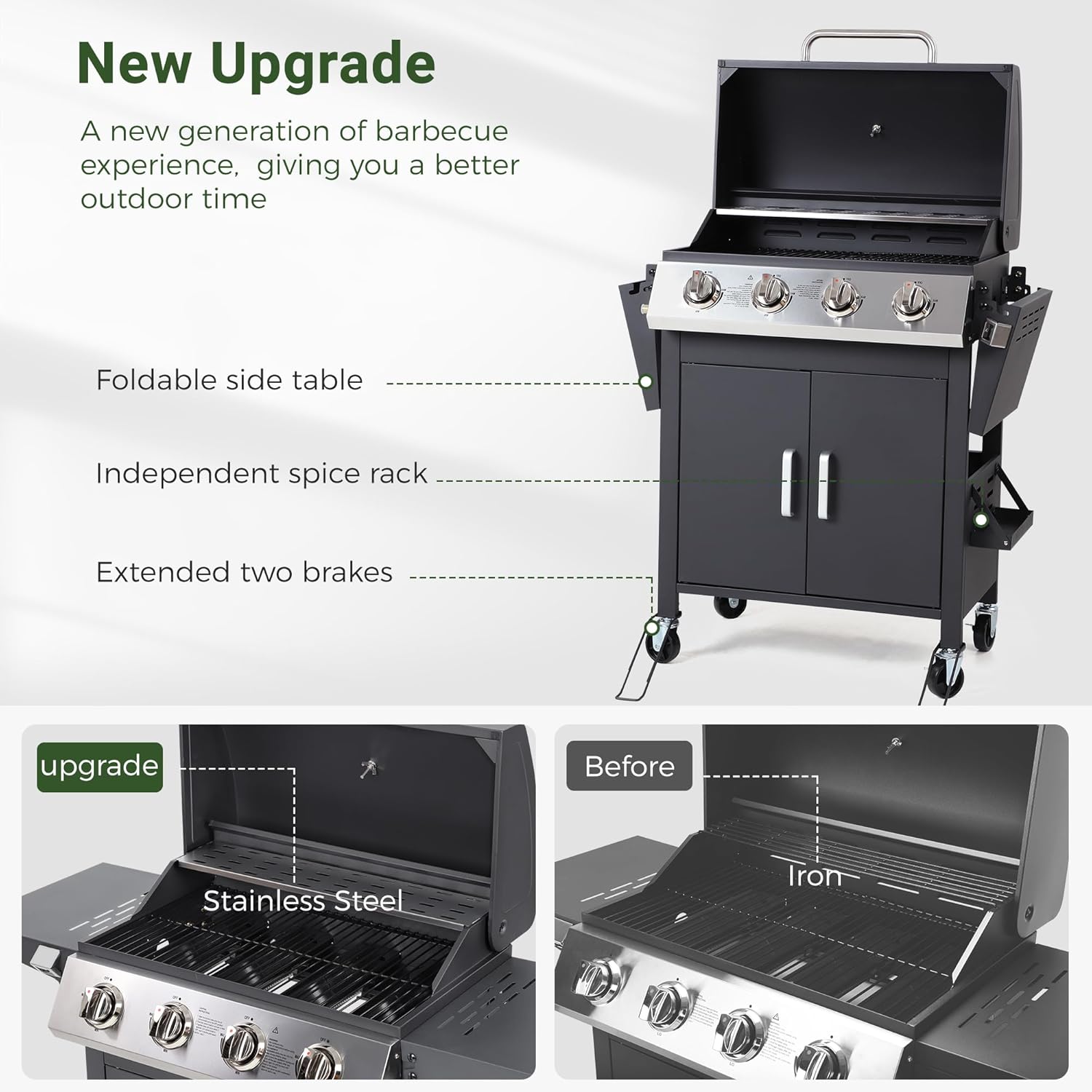 4-Burner Propane Gas BBQ Grill with Wheels, 40,000 BTU Output Stainless Steel Barbecue Grill for Backyard & Outdoor Cooking Easy Assembly, Foldable Side Tables & Spice Rack (Dark Black)